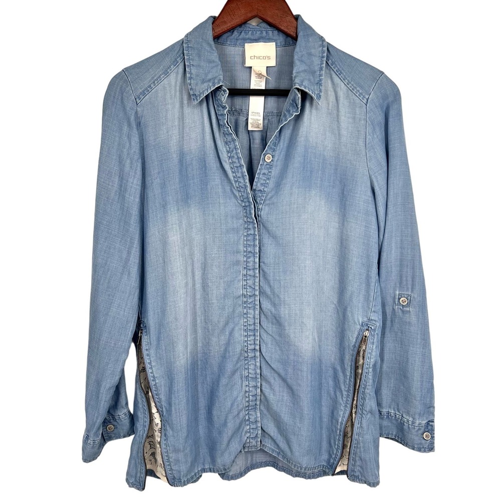 Chicos Sz 0 SMALL 4/6 Denim Blue Jean Lace Accent Blouse Shirt Top Travel Cozy